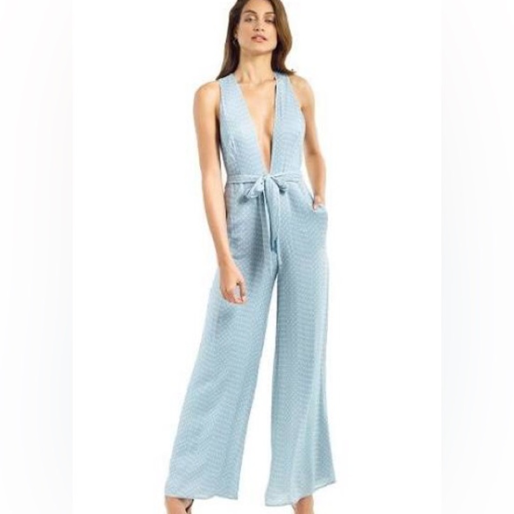 Polkadot plunge neck line wide leg jumpsuit